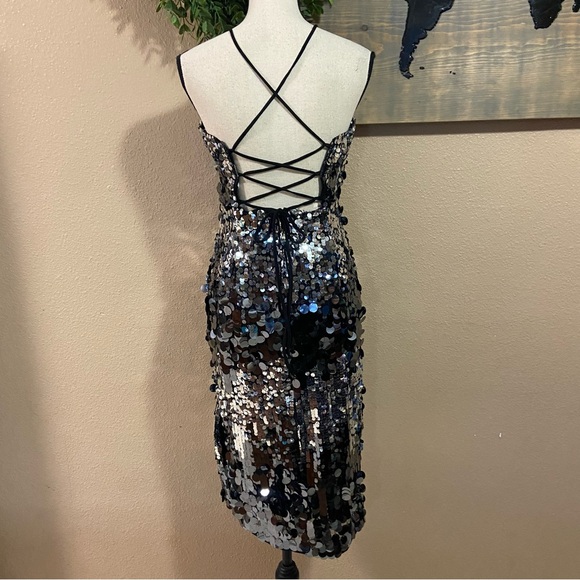 NWOT Lulus Superior Shine Silver Sequin Lace-Up Midi Bodycon Dress - Picture 5 of 11